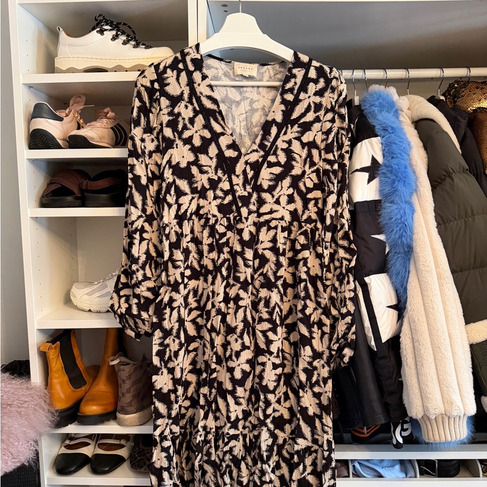 Sezane Black and Cream Midi Dress